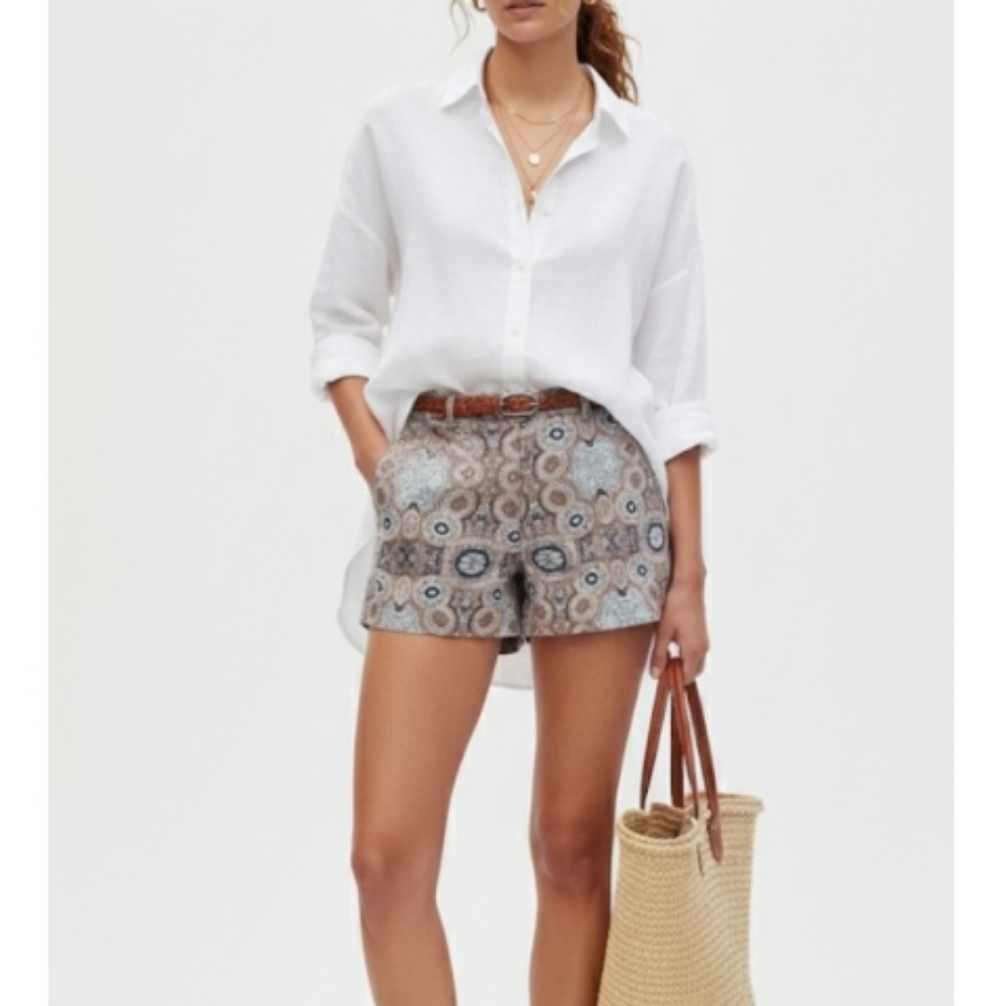 H&M High Waist Patterned Shorts - Tan and Brown